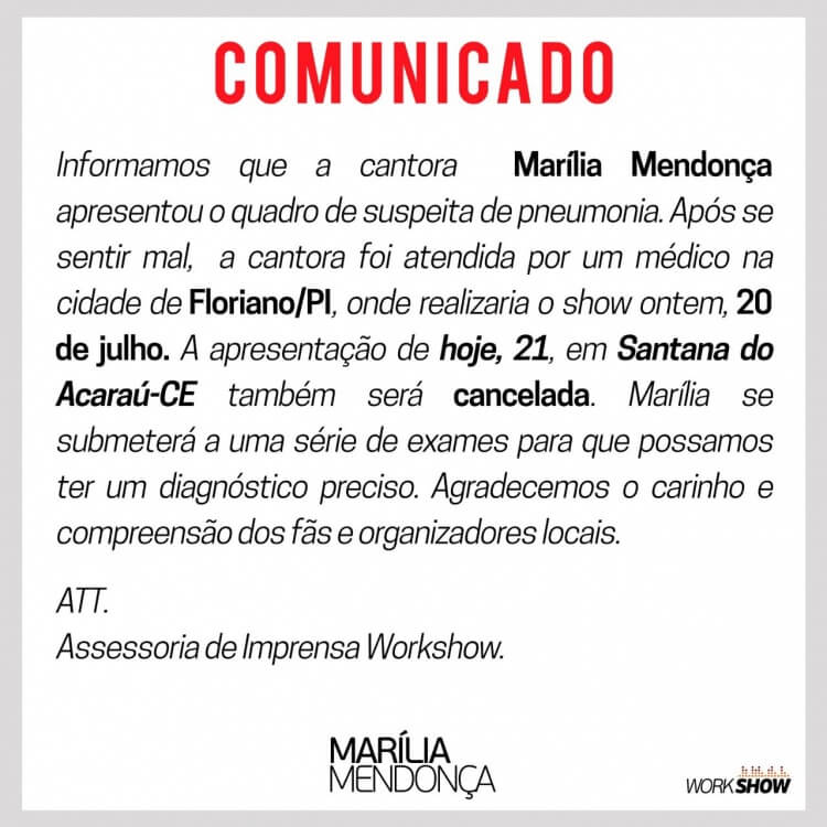 Marília Mendonça passa mal e cancela shows!