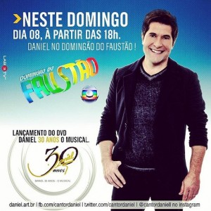 Neste domingo, dia 08/09, o cantor sertanejo Daniel irá apresentar no programa “Domingão do Faustão” o seu novo DVD, “Daniel 30 Anos – O Musical”, que comemora seus 30 anos de carreira. O DVD é esperado com bastante euforia pelos ...